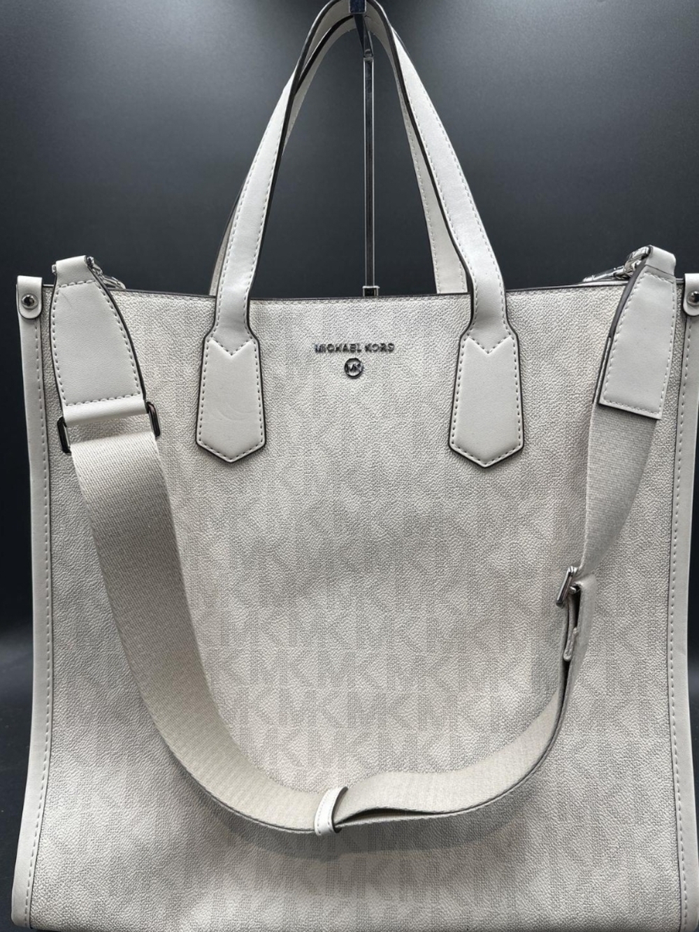 Michael Kors White Mirella Monogram Canvas Tote Bag Silver W/ Removable Strap